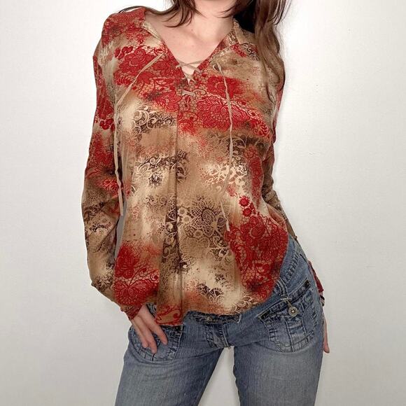 Absolutely gorgeous red and brown floral long sleeve top - Picture 2 of 8